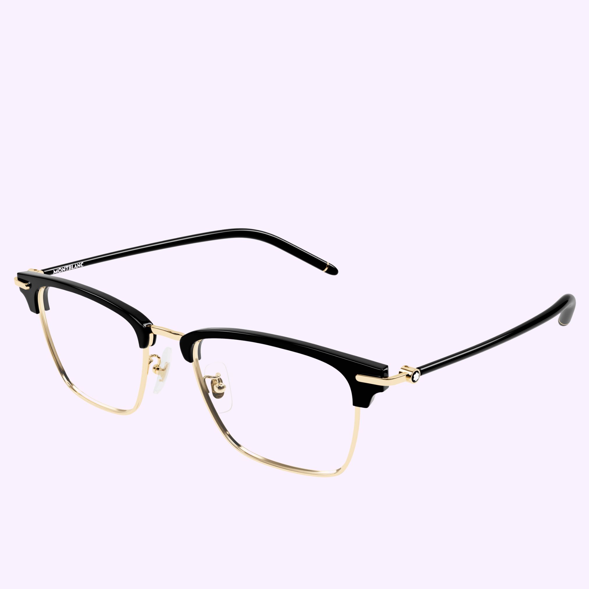 Experience Montblanc Optical Frames MB0409O-002 52 by Montblanc Sunglasses—black and gold browline eyeglasses with clear lenses, featuring thin gold metal rims and a sophisticated black upper frame. Inspired by the iconic Montblanc Optical Frames collection, these glasses offer adjustable nose pads for lasting comfort. Their elegant design subtly pays tribute to the Meisterstück Anniversary, while the light purple background highlights a modern take on classic luxury.