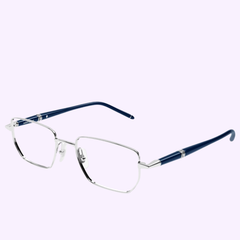 Montblanc Sunglasses MB0347O-005 54 MAN by Montblanc Sunglasses feature silver metal rectangular frames with blue temples, combining the refined design of men’s designer eyewear, and are displayed on a light purple background.