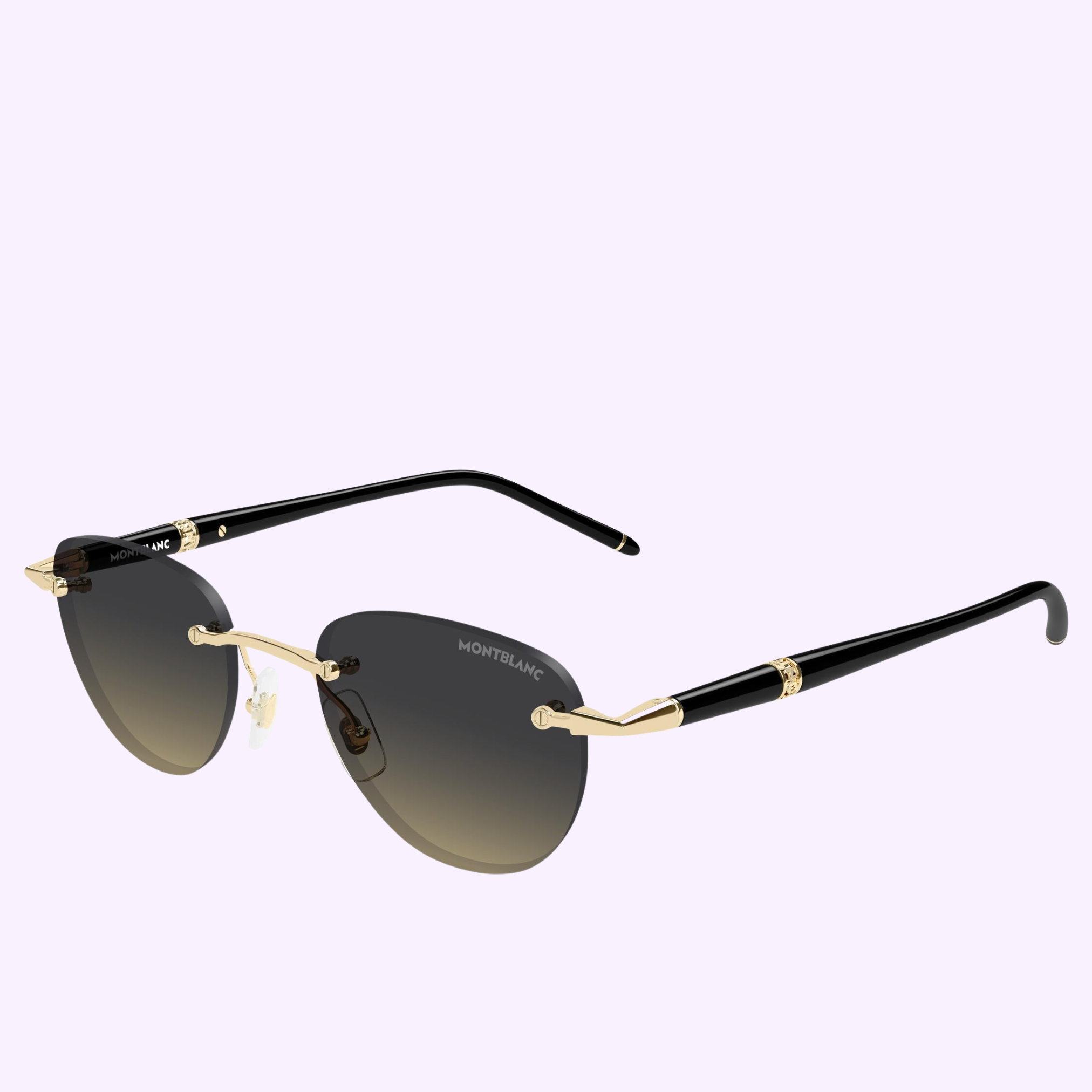 The Montblanc Sunglasses MB0412S-007 48 feature a rimless optical style with gold accents, black temples, and gradient dark lenses, shown on a light purple background.