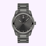 The Movado 3600860 BOLD Verso watch by Movado Watches features a sleek gray round face, minimalist hour markers, Swiss Super-LumiNova accents, a date window at 3 o’clock, and a brushed metal bracelet with matching links.