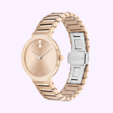 Movado BOLD Horizon rose gold watch angled view highlighting tonal carnation dial
