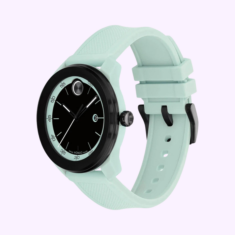 Movado BOLD TR90 3601212 angled view showing seafoam silicone strap and minimalist dial layout