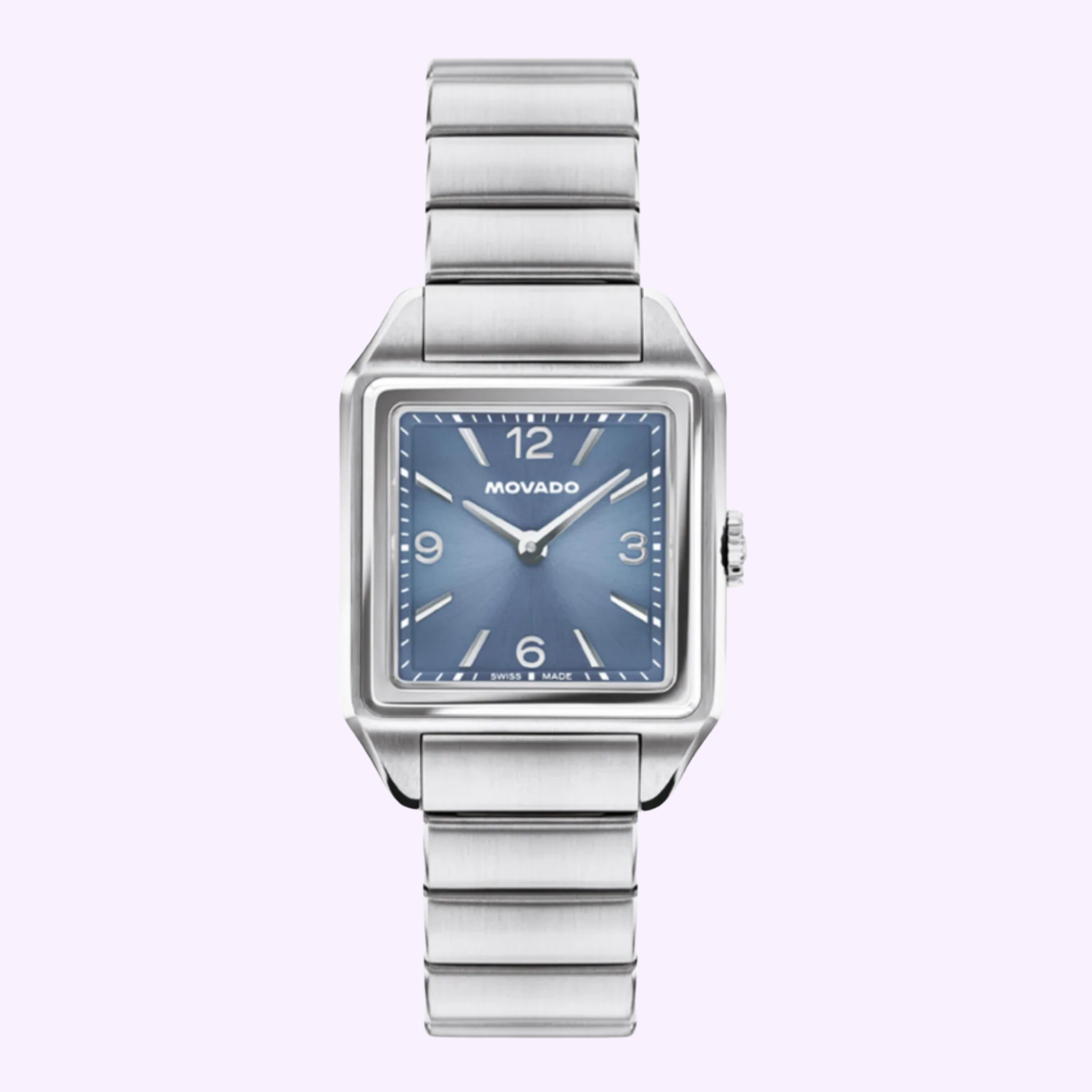 The Movado Watches 3650248 features a square blue dial, silver hour markers, and a stainless steel bracelet from Movado Watches, shown on a light purple background.