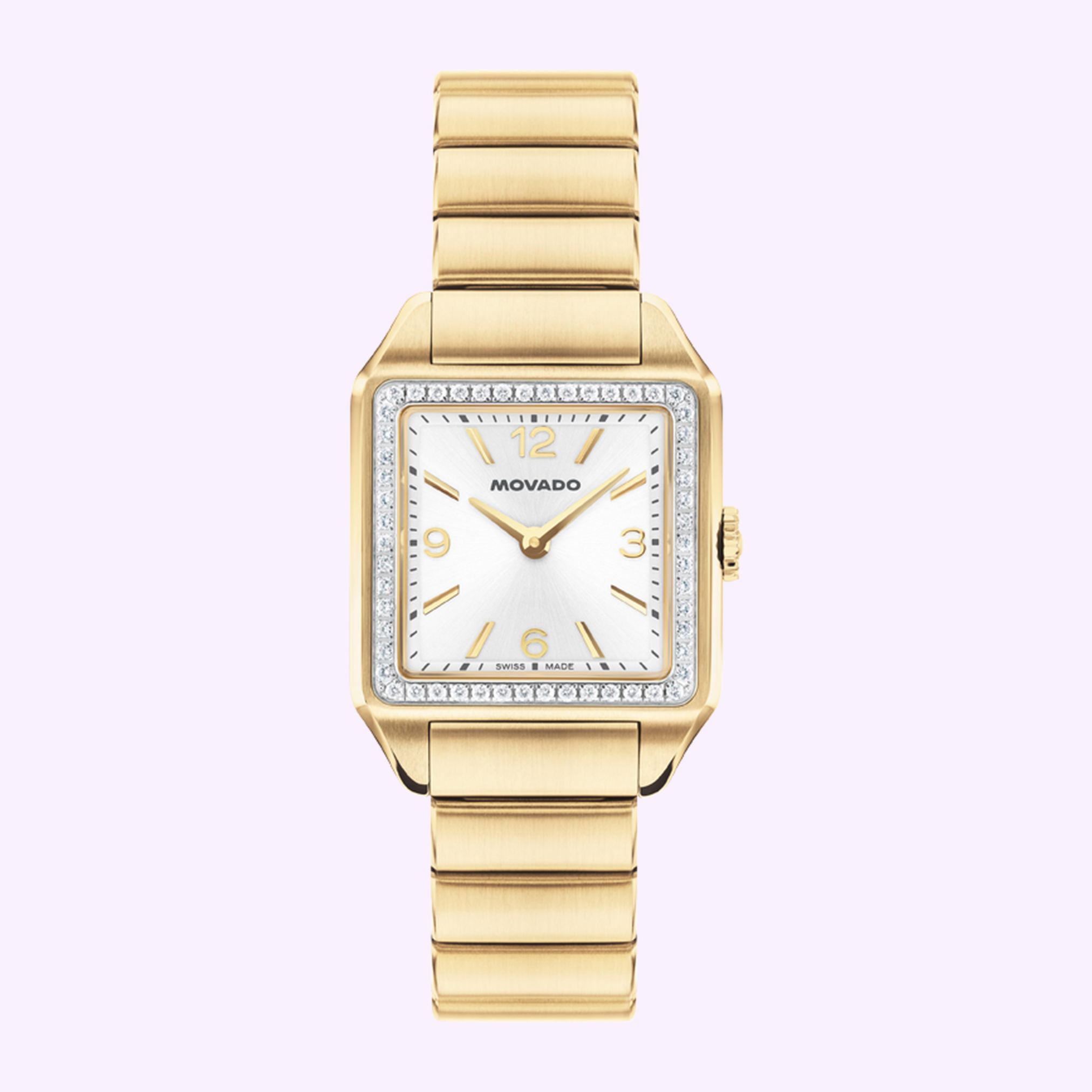 The Movado Watches 3650250 Heritage 1917 features an Art Deco-inspired face, diamond-studded bezel, gold hour markers, and gold link bracelet, displayed on a light purple background.