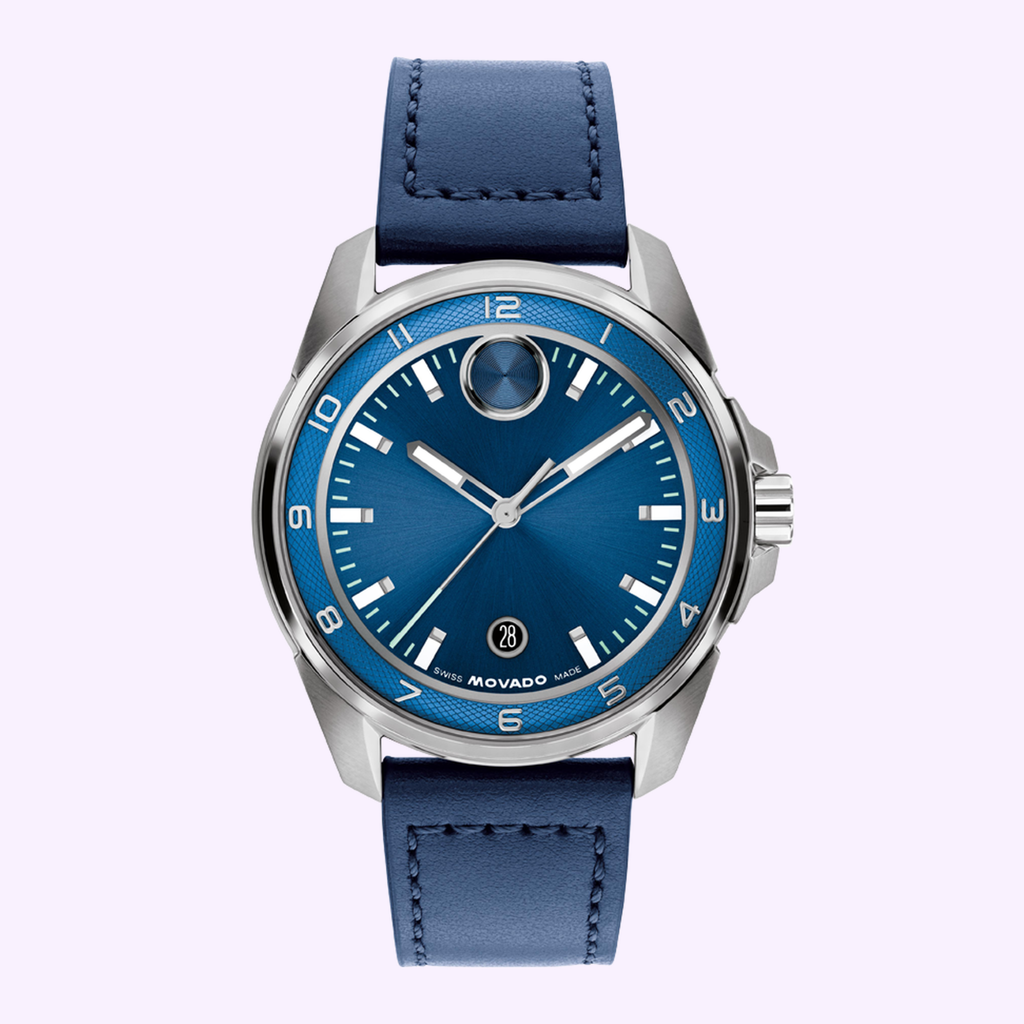 Movado BOLD Verso S 3601389 watch with blue dial, 42 mm steel case and navy leather strap