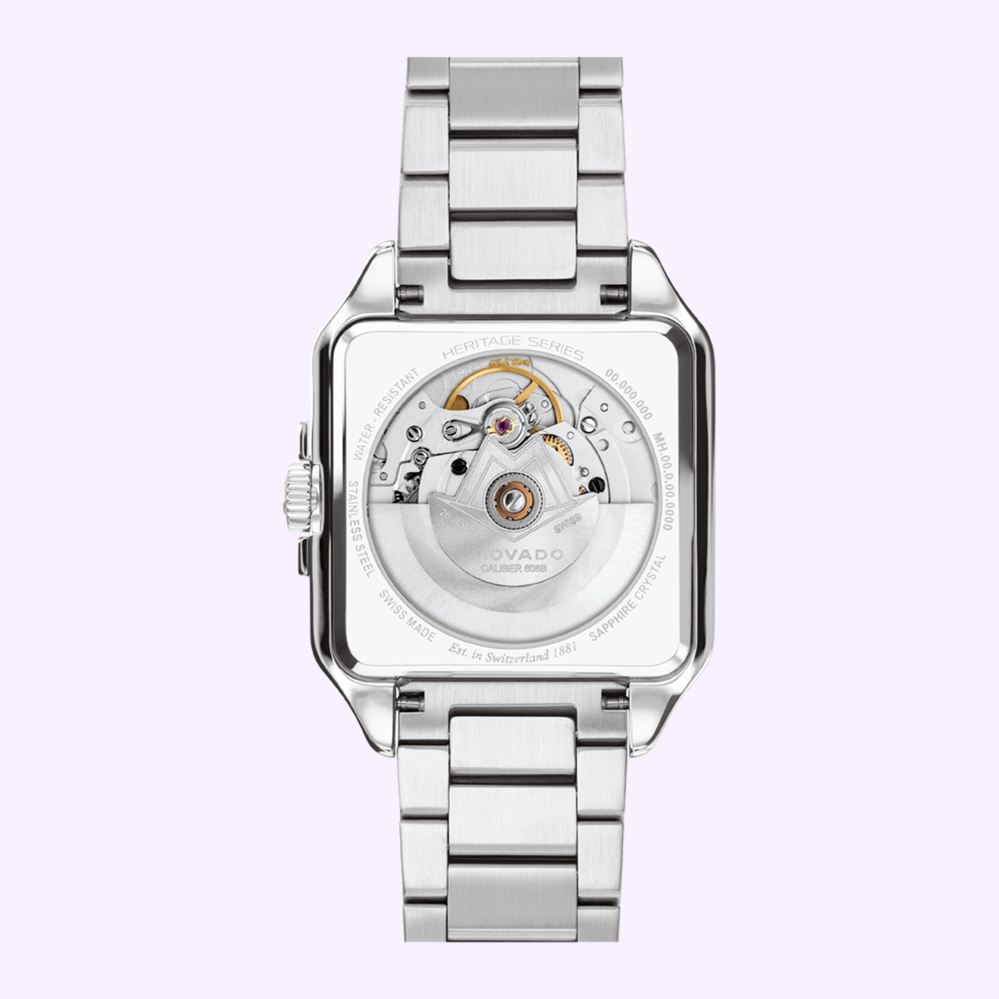 The Movado Watches Heritage 1917 3650255 features a silver stainless steel band and a transparent caseback, revealing its automatic movement and detailed mechanical components.