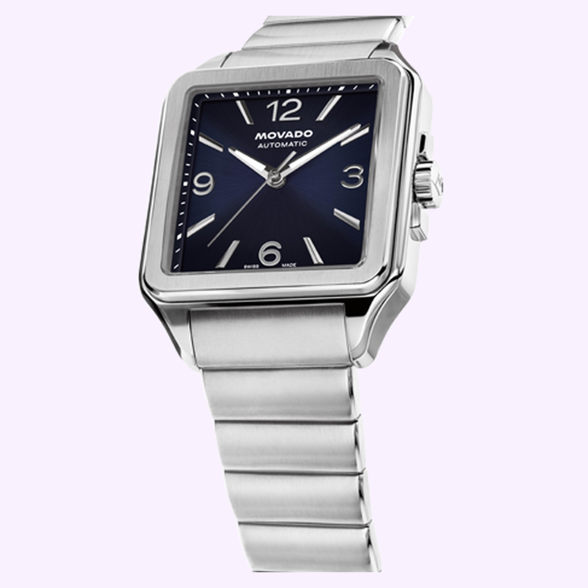 The Movado Watches Heritage 1917 3650255 features a silver case, square dark blue face with silver hour markers, and a metal link band, shown angled on a light background.