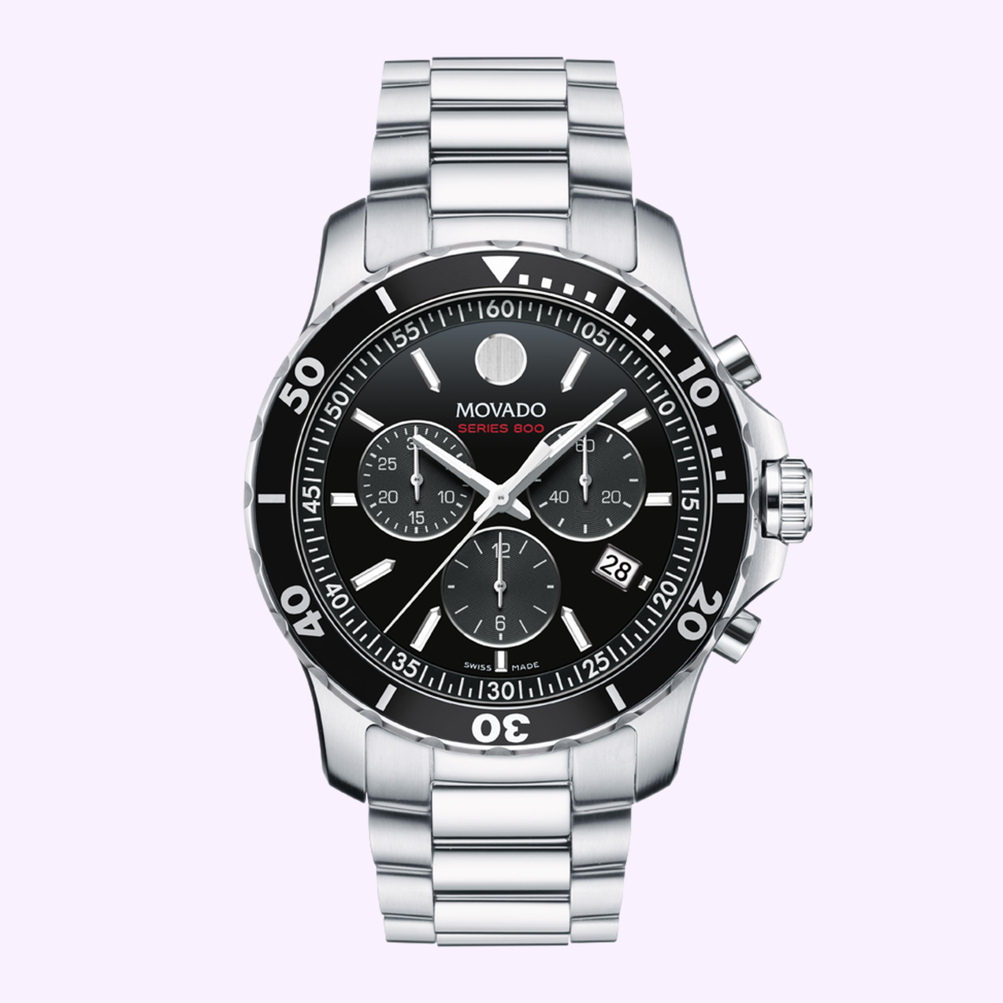 A Movado Watches Series 800 Chronograph 2600142 with a black dial, three subdials, and stainless steel band is displayed on a light background, highlighting the sleek Movado Watches design.