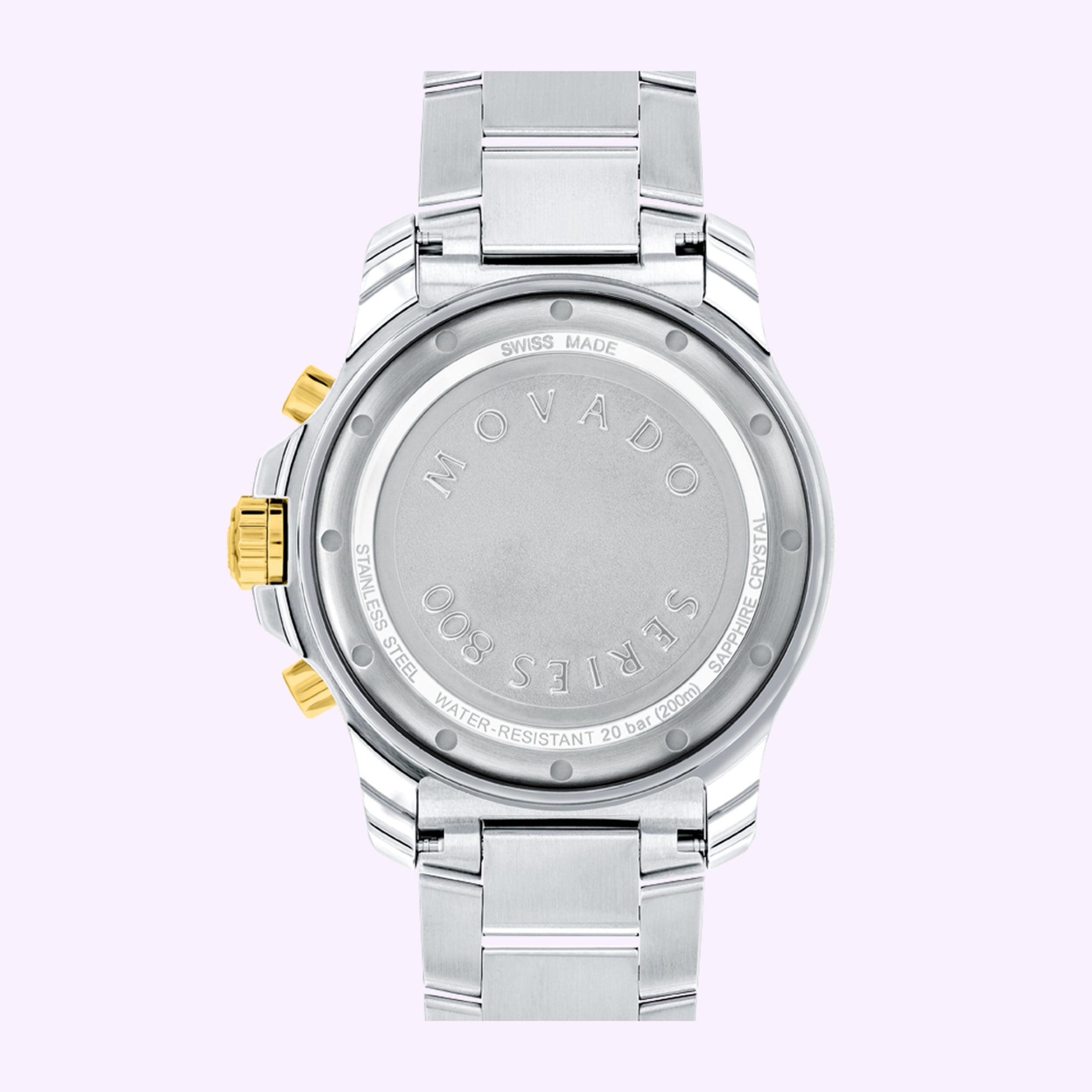 The back view of the Movado Watches Series 800 Chronograph 2600146 shows its silver stainless steel link band and gold crown, featuring engraved details and specifications.