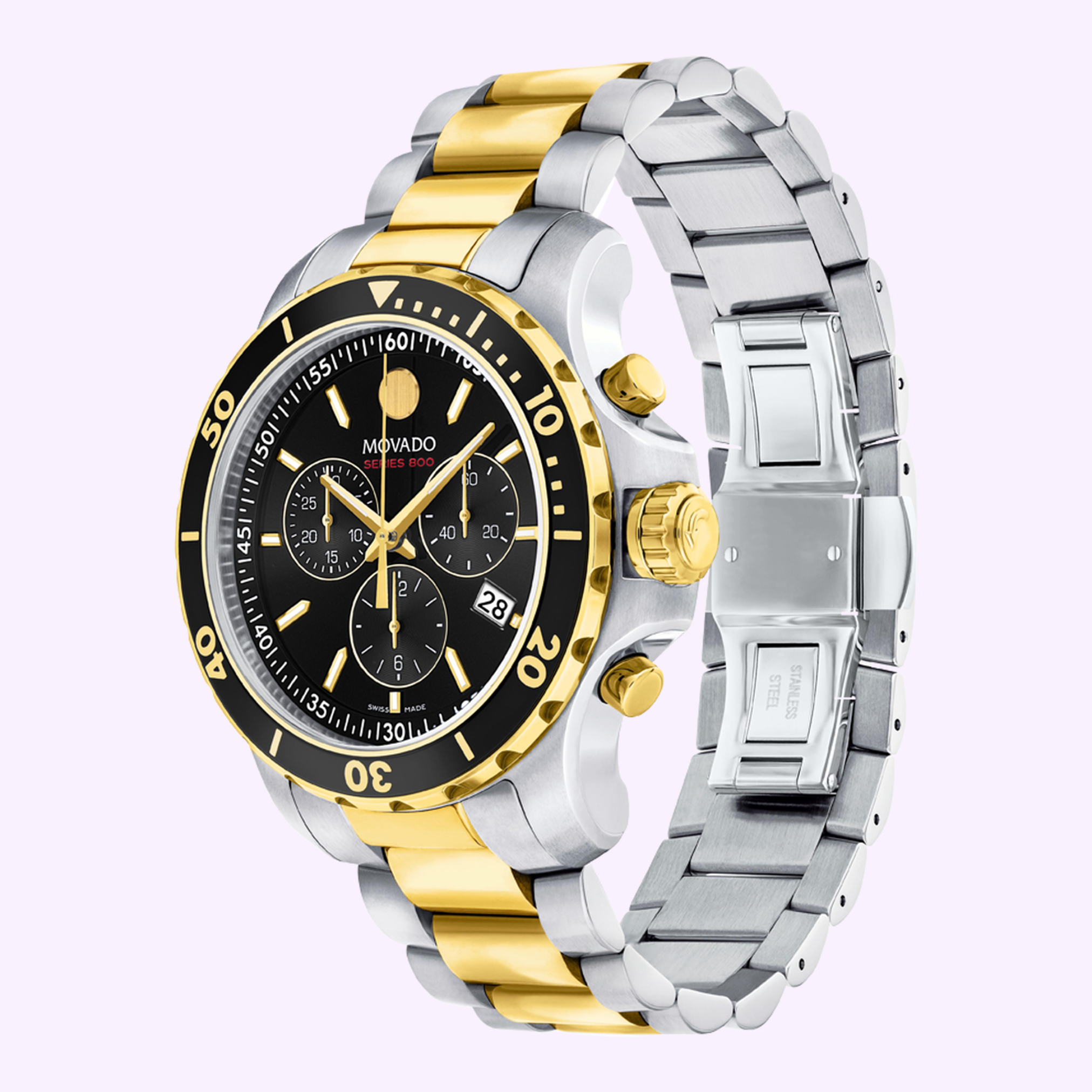 The Movado Watches Series 800 Chronograph 2600146 features a silver and gold stainless steel band, black bezel, black dial with gold accents, three subdials, and a date display at 4 o’clock.