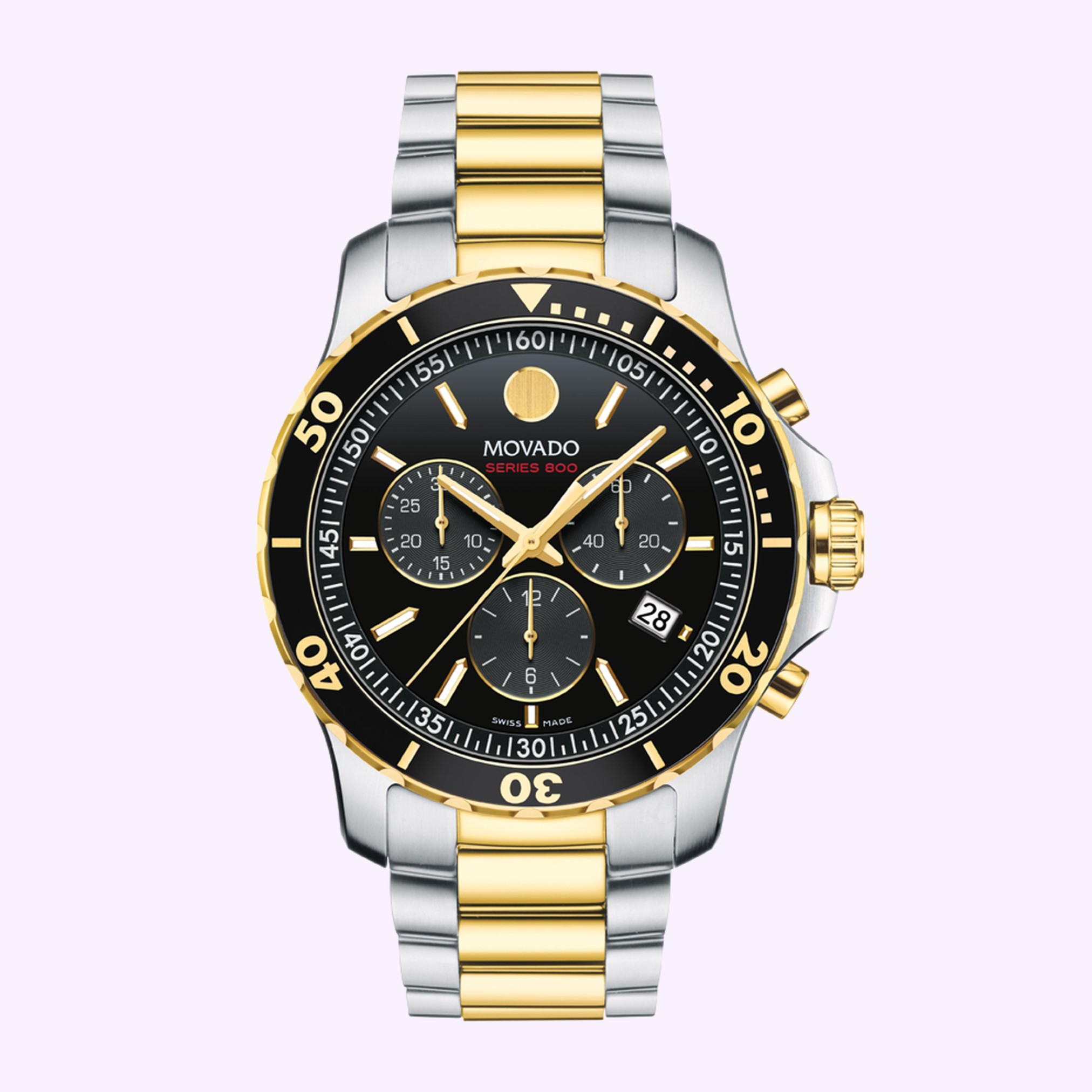 The Movado Watches Series 800 Chronograph 2600146 features a black dial, gold bezel, silver and gold stainless steel band, and three subdials—an elegant timepiece by Movado Watches.