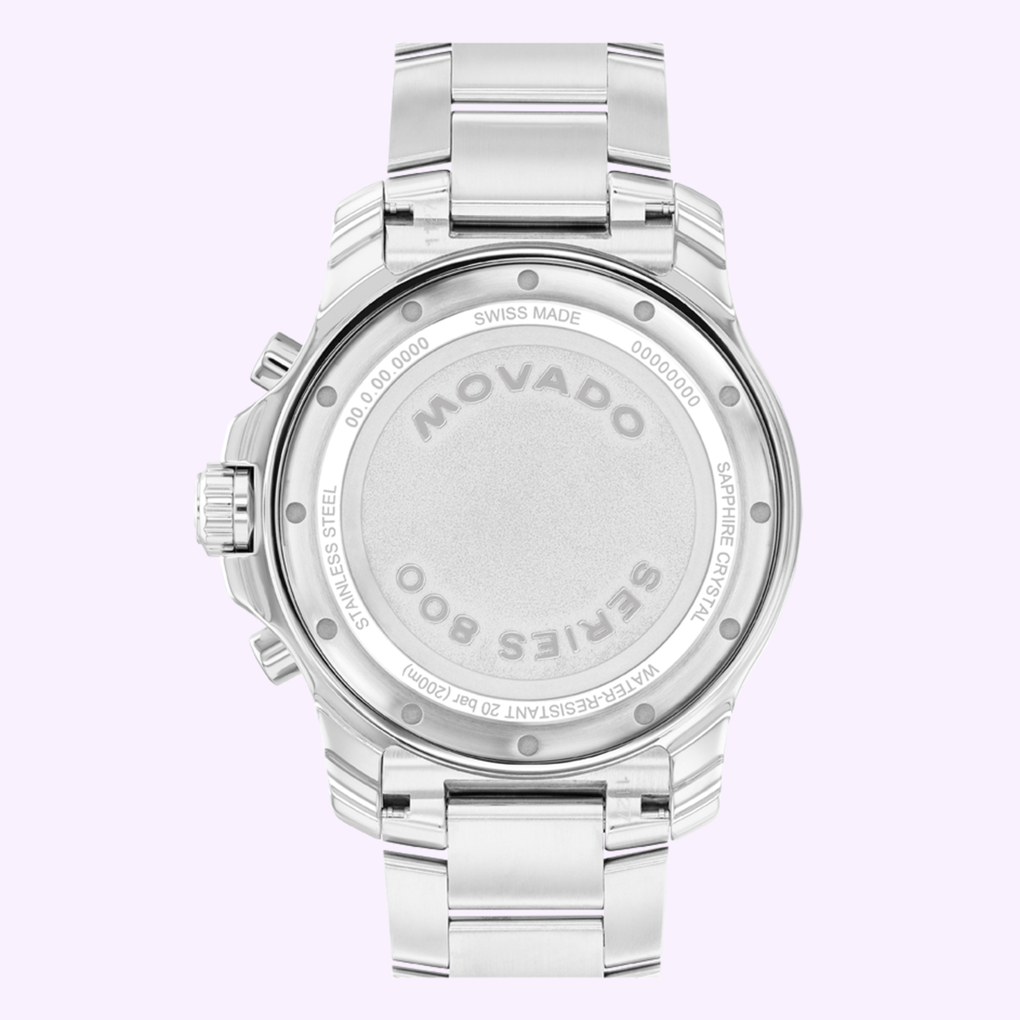 Back view of the Movado Watches Series 800 Chronograph 2600195, highlighting its engraved stainless steel caseback, metal bracelet links, and inscriptions for Swiss Made, water resistance, and sapphire crystal.