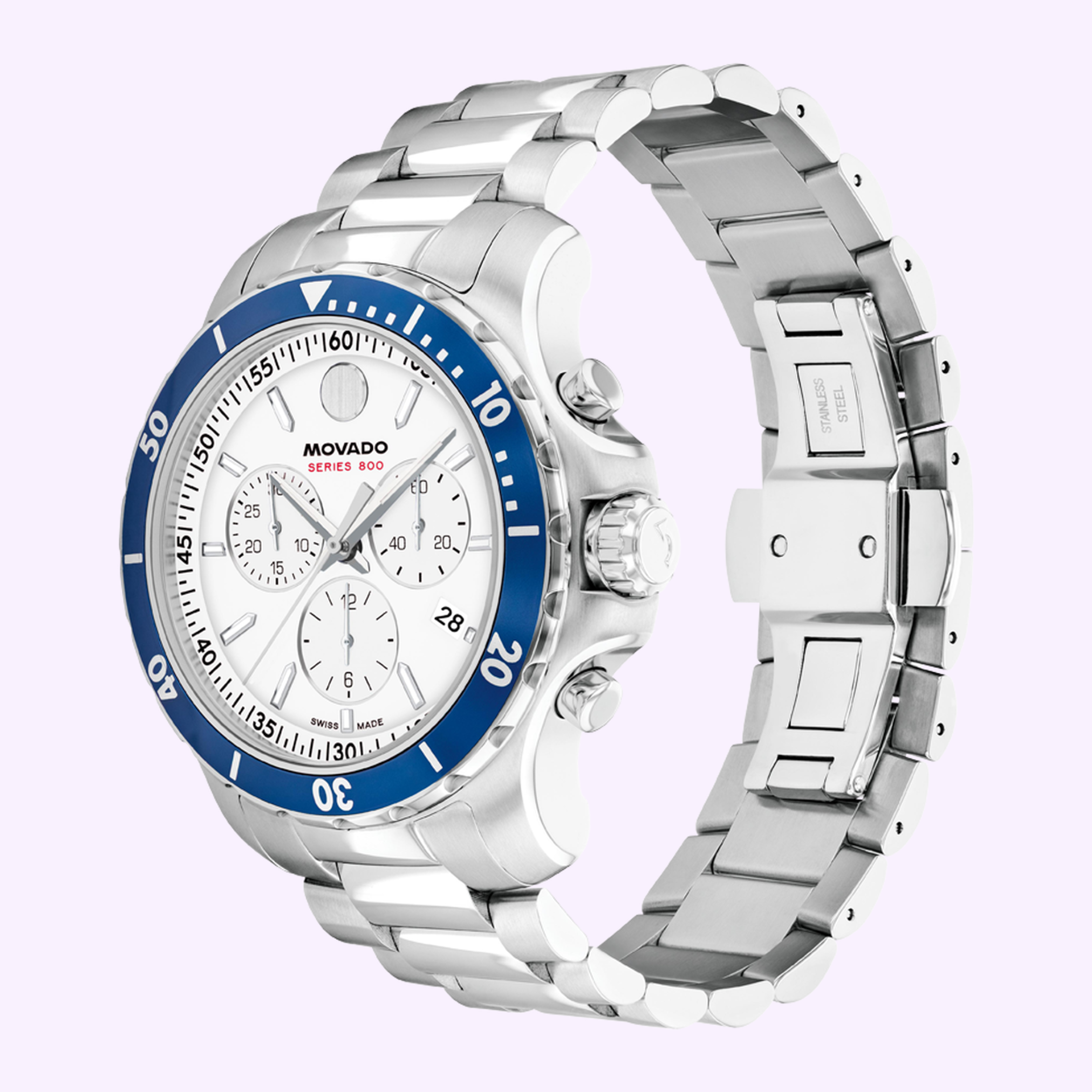 The Movado Watches Series 800 Chronograph 2600195 features a silver tone, blue bezel, three subdials, and metal link bracelet—ideal for Movado Watches fans. Set against a light purple background.