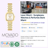 A Movado Watches Museum Classic 0608095 women’s watch by Movado Watches, featuring a gold design and white face, is displayed next to a Google business listing for Lexor Miami, a store offering sunglasses, watches, and perfumes. The store’s ratings and contact information are visible.
