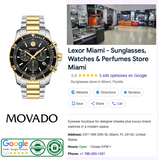 Movado Watches Series 800 Chronograph 2600146 featured with views of Lexor Miami, a luxury sports watch and eyewear store with 5-star Google reviews. Store info, hours, contact, and authenticity badge also shown.