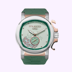 The Mulco Watches La Fleur Gardenia MW3-241051-073 features a green and silver case, green textured strap, white dial with pink floral designs, rose-gold leaf crown detail, and "Mulego" on the dial.