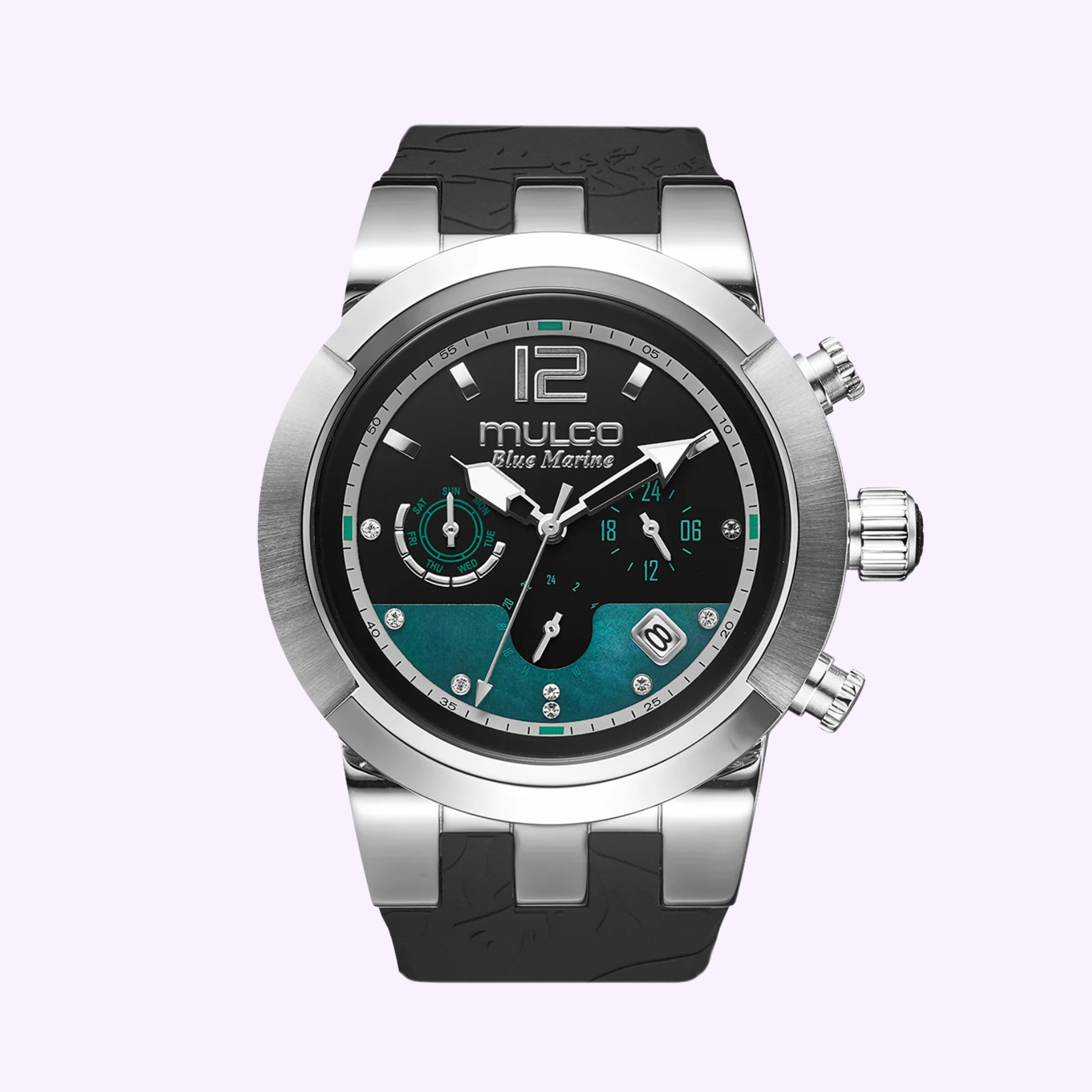 The Mulco Watches Blue Marine Medusa MW3-241029-025 features a silver and black round face, three subdials, date window, and textured black strap, shown on a light purple background. Experience Mulco Watches elegance.