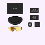 Oakley Meta Vanguard Sunglasses 0OW8001 80010452 by Oakley Meta Sunglasses, featuring striking yellow lenses, come neatly arranged with a black case, cleaning cloth, and instruction cards on a light background. Blending innovative technology inspired by Meta AI glasses with Oakley’s iconic style, these next-generation sunglasses are the ideal accessory for tech enthusiasts and fashion-forward individuals alike.
