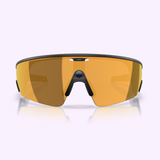 Oakley Meta Vanguard Sunglasses 0OW8001 80010452 by Oakley Meta Sunglasses feature a single large, orange-tinted lens and a sleek black frame, showcased from the front against a light background.