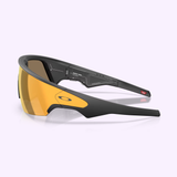 Black and gray Oakley Meta Vanguard Sunglasses 0OW8001 80010452 from Oakley Meta Sunglasses, featuring a yellow-tinted wraparound lens and a subtle Oakley logo on the side, displayed on a light background.