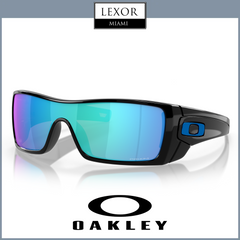 The Oakley OO9101 57 27 BatWolf Unisex Sunglasses by Oakley Sunglasses feature a black frame and Prizm Sapphire lenses, shown on a white background with the Oakley logo below and LEXOR MIAMI at the top, offering bold style and clarity.