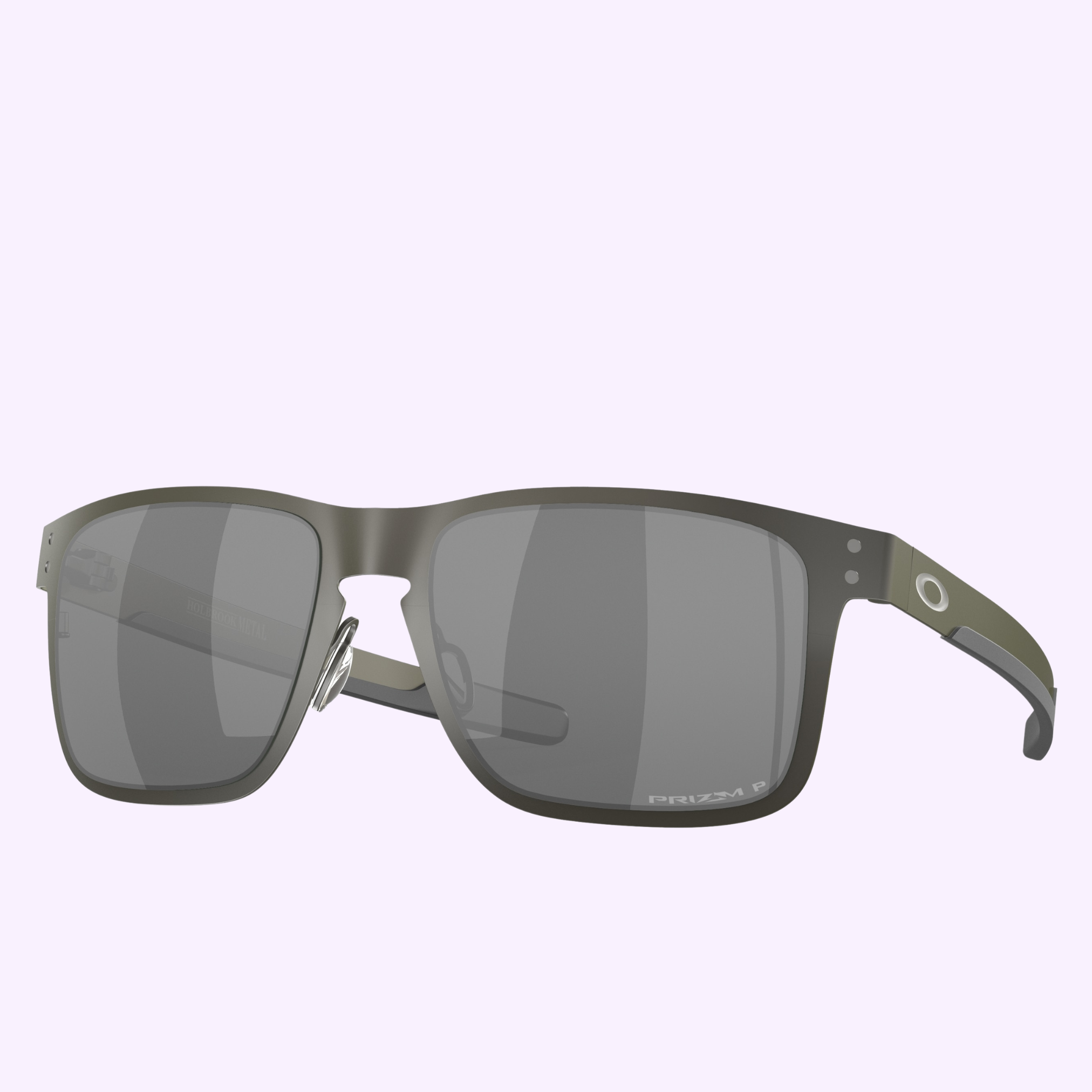 The Oakley Sunglasses 0OO4123 41230655 feature a modern matte dark gray rectangular frame, black lenses, and silver accents on the temples, shown against a light purple background.