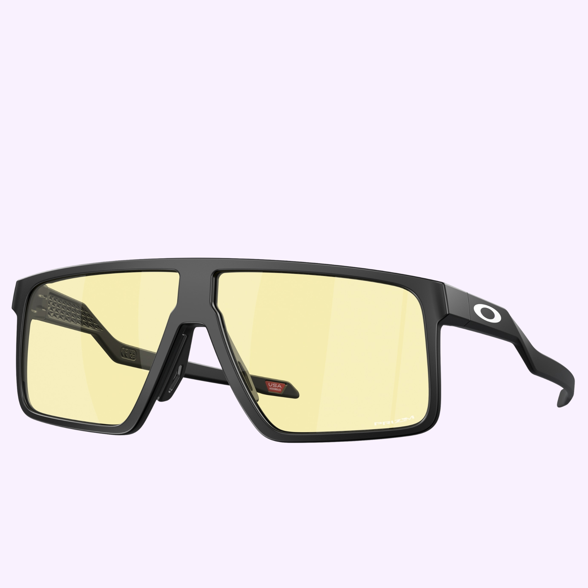 Rectangular black Oakley Sunglasses 0OO9285 92850161 with thick frames and yellow-tinted lenses, displayed at an angle on a light purple background. The Oakley logo is visible on the right temple—great for pairing with Meta AI glasses.