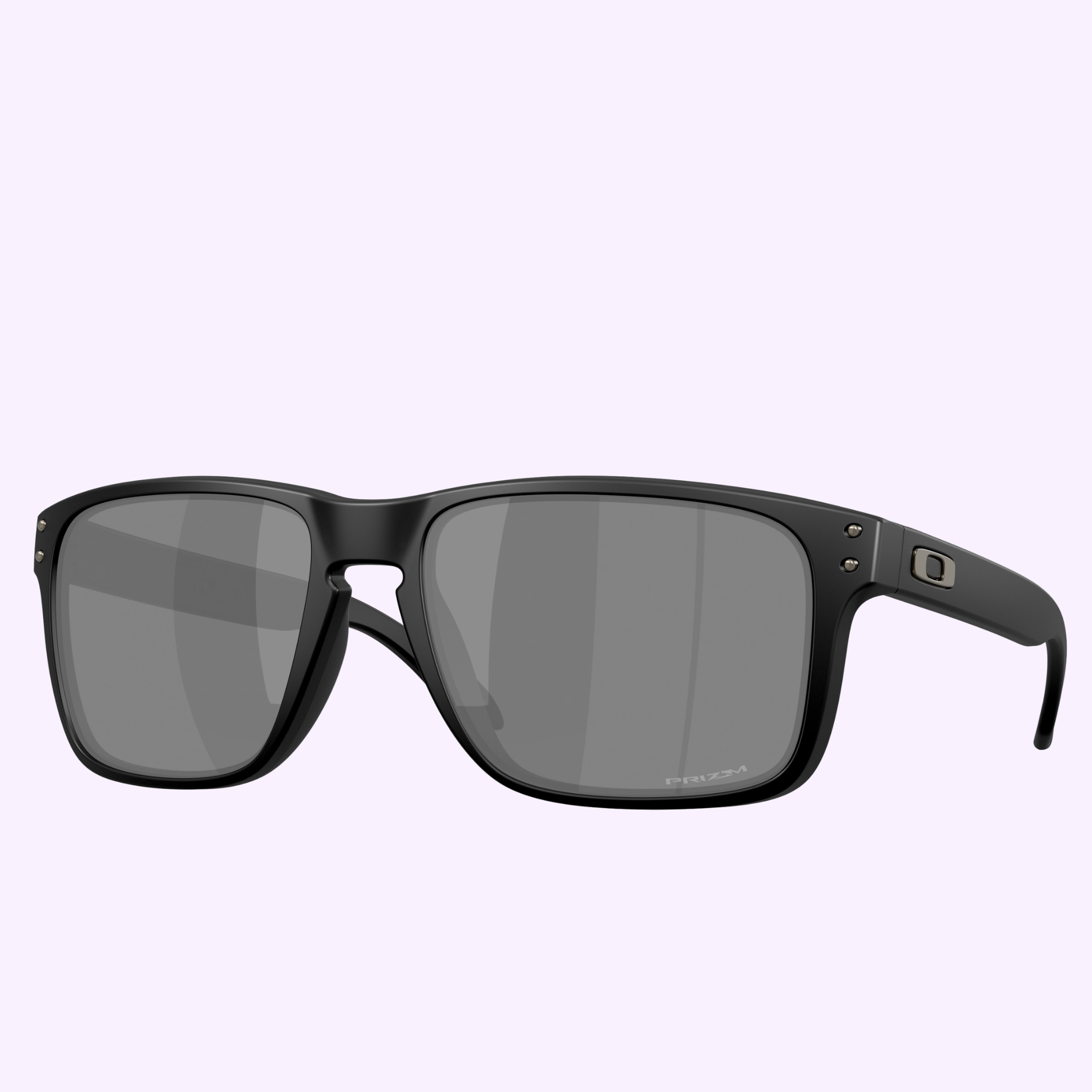 The Oakley Sunglasses 0OO9487 94870261 feature a black rectangular frame, dark lenses, and a subtle temple logo, shown against a light purple background.