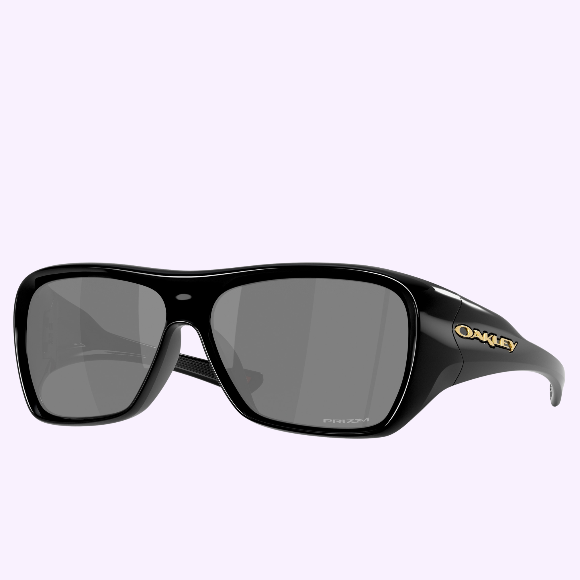 Oakley Sunglasses 0OO9492 94920160 feature rectangular dark lenses, thick glossy black frames, and a gold Oakley logo on the arms. These Oakley Sunglasses are shown on a light purple background.
