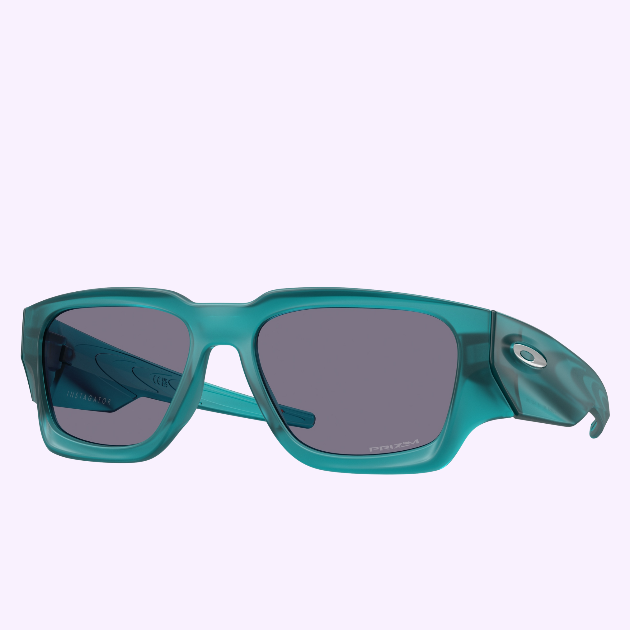 Oakley Sunglasses 0OO9514 95140858 by Oakley Sunglasses feature teal rectangular frames, dark lenses, thick temples, and a silver logo, shown on a light purple background.