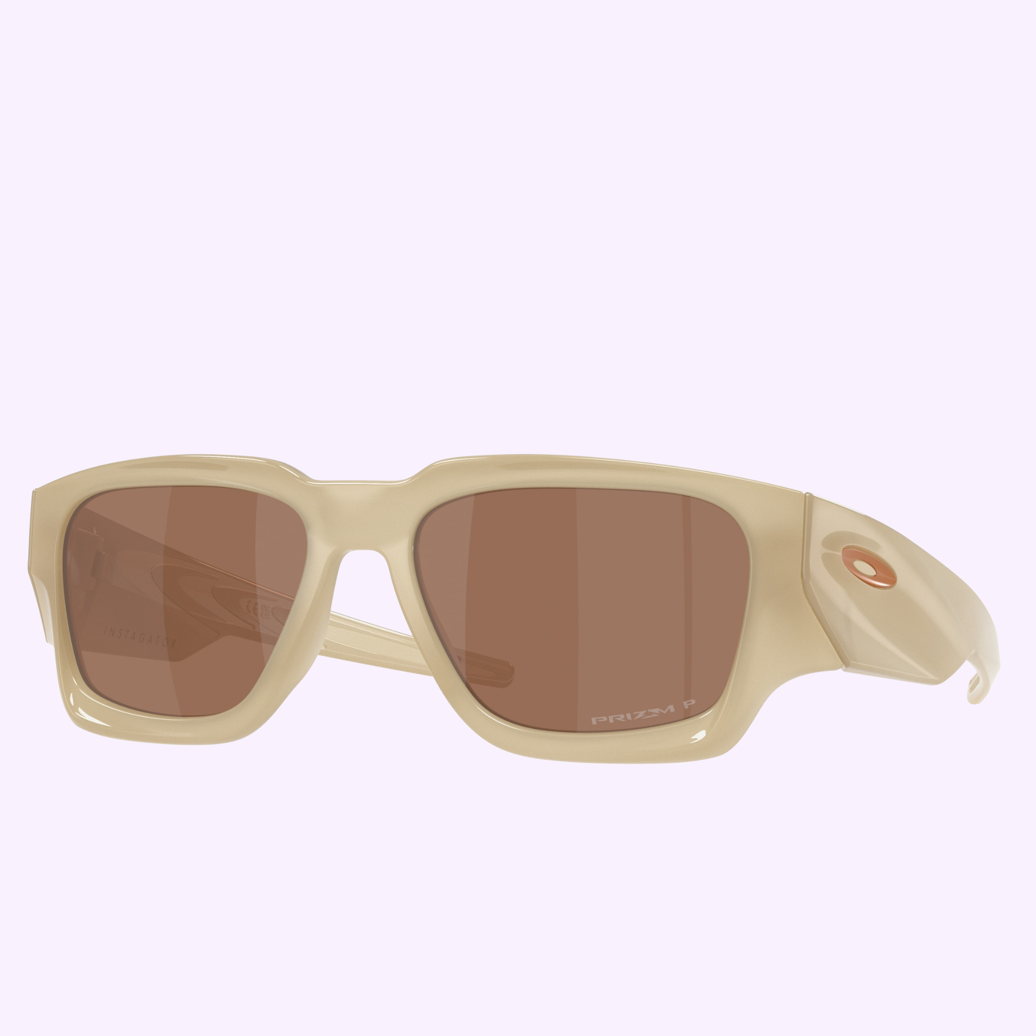 Beige rectangular Oakley Sunglasses 0OO9514 95140958 with brown-tinted lenses, thick frame, and a small round orange logo on the temple are pictured against a light purple background.