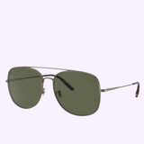 A pair of Oliver People OV1272S 528471 Sunglasses, featuring an aviator-style design with thin metal frames and dark green lenses, displayed at an angle against a plain light background.