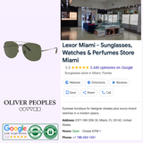 Collage featuring Oliver People OV1272S 528471 Sunglasses, the Oliver People Sunglasses logo, a view of the store interior, Google reviews, and contact details for Lexor Miami—a boutique specializing in designer sunglasses, watches, and perfumes at 2371 NW 20th St, Miami.