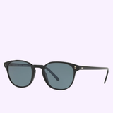A pair of Oliver People OV5219S 1005R8 49 unisex sunglasses by Oliver People Sunglasses, featuring black round frames and dark tinted lenses, displayed on a light purple background.