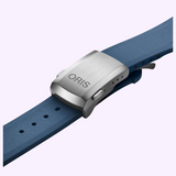 Blue Oris Watches Aquis Date watch strap with a silver metal clasp featuring the word ORIS.