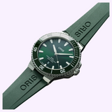 Oris Watches Aquis Date dive watch featuring a dark green dial, rotating bezel, and a matching green rubber strap.