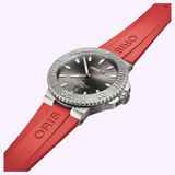 Oris Watches Aquis Date Relief diving watch with a grey sunburst dial, rotating bezel, and a red rubber strap.