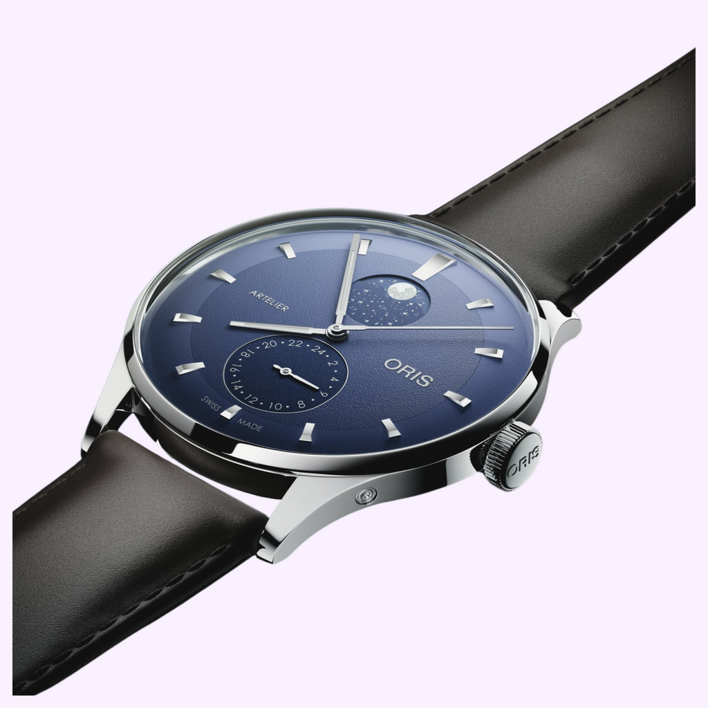 Oris Artelier Complication with deep blue dial, moonphase and leather strap
