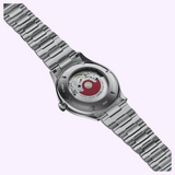 Back view of an Oris Watches Artelier Date featuring a transparent case back that reveals the internal mechanical movement and signature red rotor.