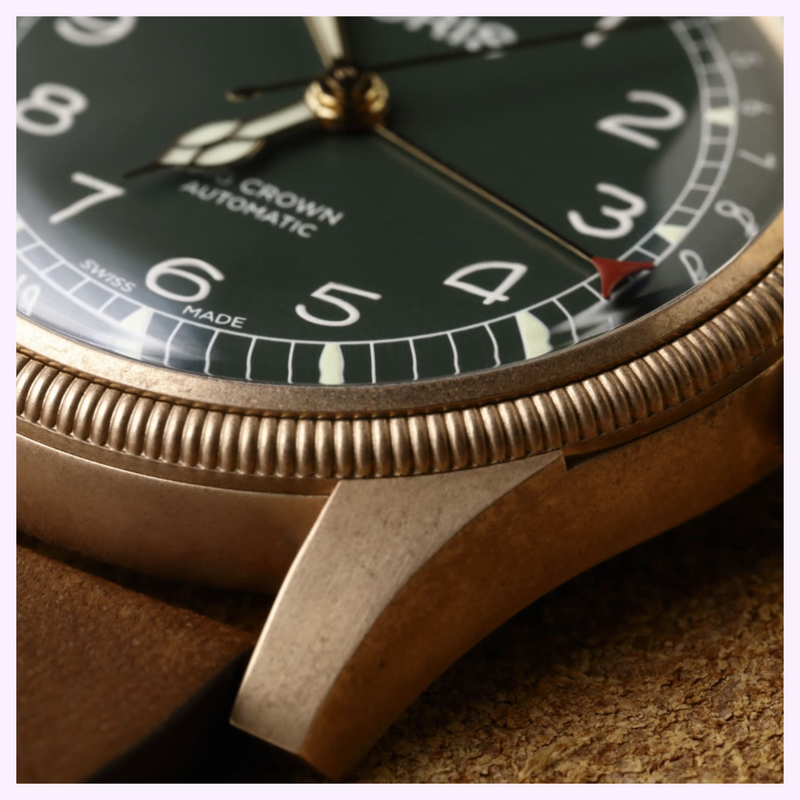 Oris Big Crown Pointer Date 80th Anniversary Edition green dial with oversized bronze crown and pointer date hand