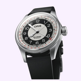 Oris Watches Big Crown Pointer Date Bullseye watch featuring a black and white bullseye dial, silver hands, and a red-tipped date pointer on a black strap.