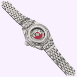 The stainless steel Oris Watches Big Crown Pointer Date watch with a link bracelet, viewed from the back to reveal the mechanical movement and a red rotor.