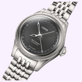 Oris Watches Big Crown Pointer Date watch featuring a black sunray dial, fluted bezel, and stainless steel link bracelet.