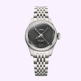 Oris Watches Big Crown Pointer Date wristwatch with a black dial, silver hands, a date-pointer hand, and a stainless steel link bracelet.