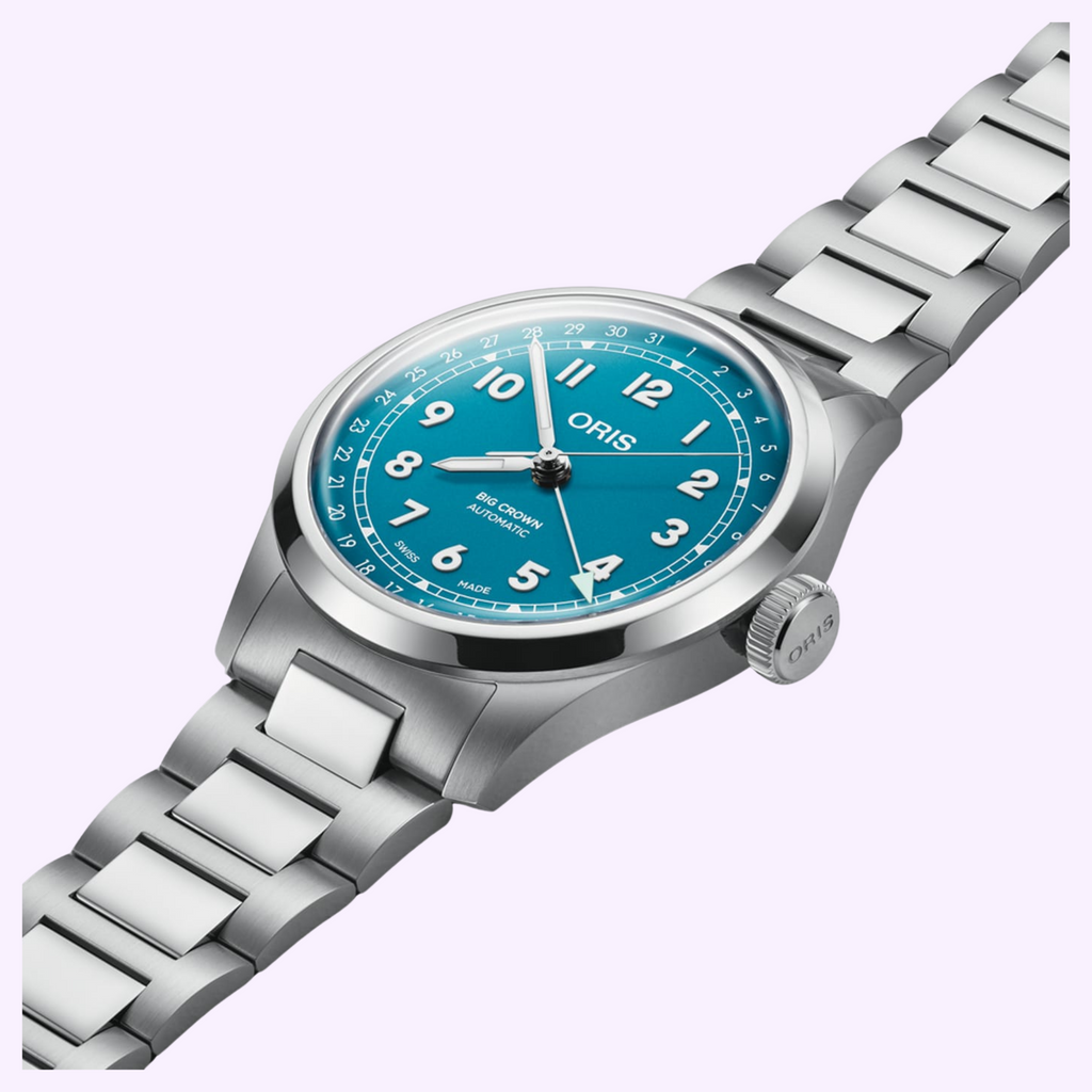 Oris Big Crown Pointer Date with turquoise blue dial and steel bracelet
