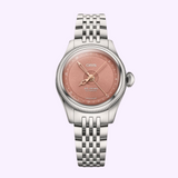 Oris Watches Big Crown Pointer Date 29 mm stainless-steel wristwatch with a link bracelet and a circular rose-colored dial featuring a pointer date hand.