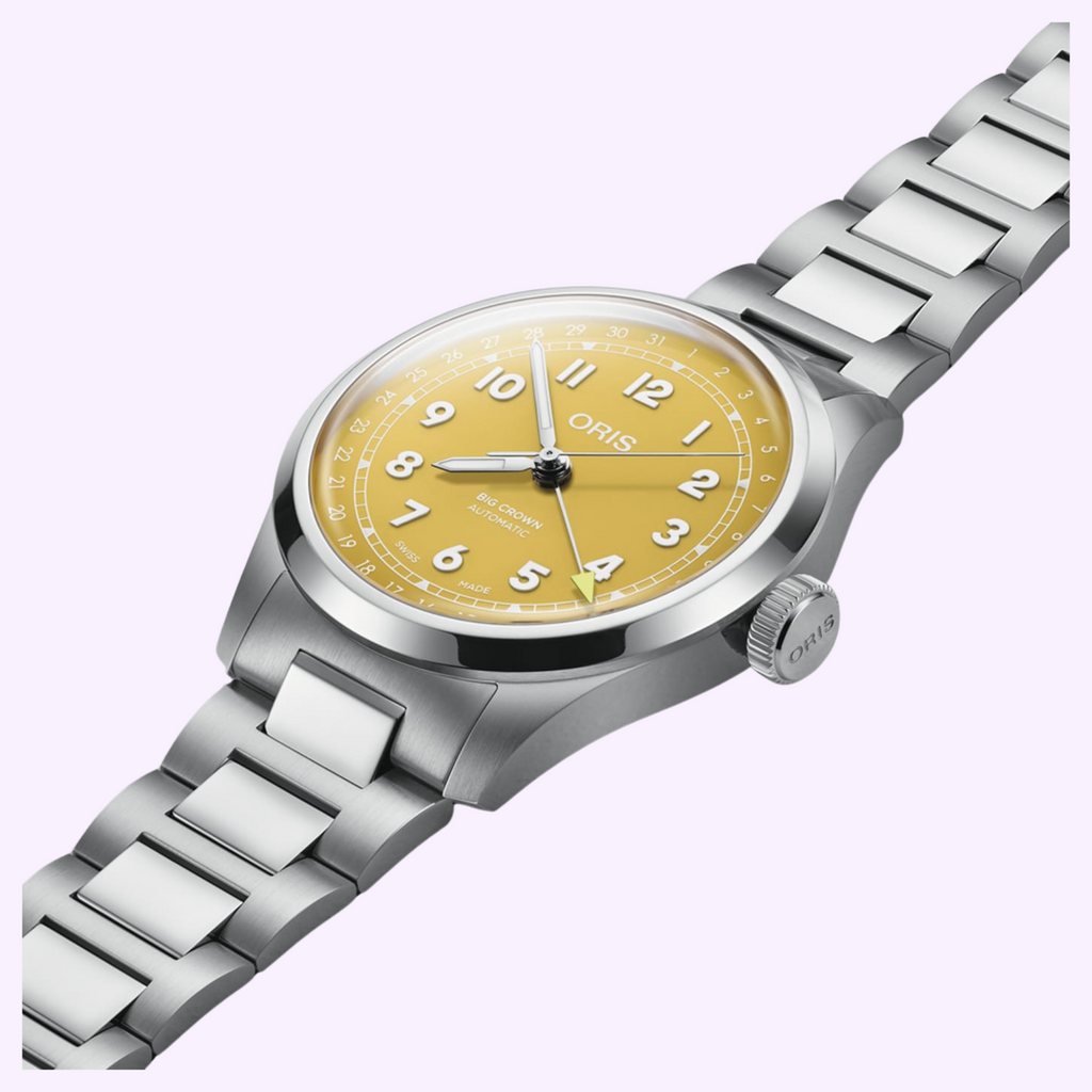 Oris Big Crown Pointer Date with sunshine yellow dial and steel bracelet