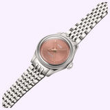 Oris Watches Big Crown Pointer Date watch featuring a textured salmon-colored dial, central date hand, and a multi-link silver metal bracelet.