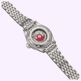 Back view of an Oris Watches Big Crown Pointer Date 29 mm stainless-steel watch, featuring a metallic link bracelet and an exhibition case back that reveals the internal mechanical movement and its red rotor.