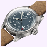 Oris Watches Big Crown Pointer Date watch featuring an automatic movement, blue dial, Arabic numerals, and a brown leather strap.